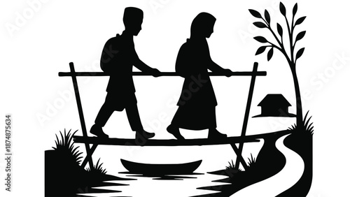 A black silhouette of a couple crossing a small wooden bridge over a river