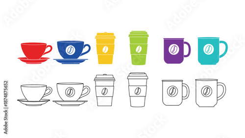A collection of colorful coffee cups and mugs on a white background