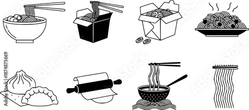 Outline set of black and white vector Chinese noodles icons collection