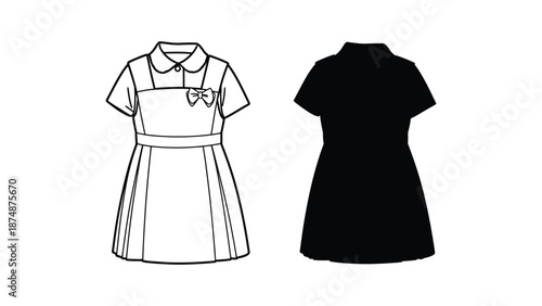 Three different school uniform dresses on a white background