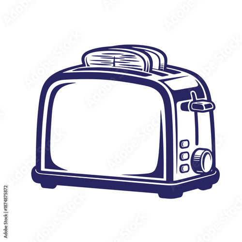 Retrostyle illustration of a toaster with a vintage design and dark blue outline isolated on white background