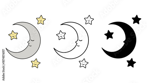 A whimsical illustration of crescent moons and stars in various colors and styles