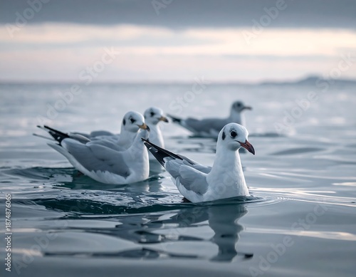 Several white birds with dark wingtips float peacefully on calm water beneath a cloudy sky. The ocean is gently reflecting the muted colors