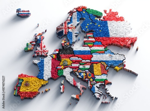 A vibrant, detailed map of Europe with each nation represented by its distinct flag