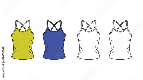 A collection of various athletic wear outfits for men and women in different colors