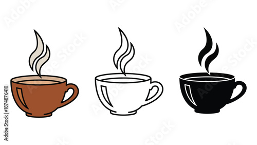 Warm steaming cups of coffee in different colors and styles