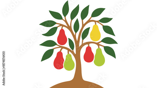 A colorful illustration of a tree with pears and green leaves