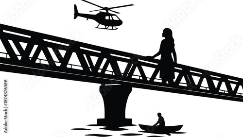 A dramatic silhouette of a woman on a bridge with a helicopter and a boat below