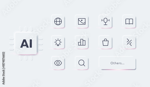 AI interface featuring a neumorphic chip and 11 minimalist icons for global data, analytics, and smart technology. High-quality UI set for machine learning and automation systems. Modern minimalist
