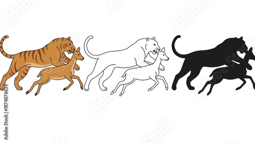 An illustration of a tiger and deer running together in different colors