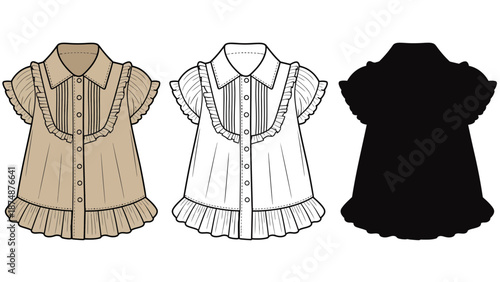 A fashion design concept featuring three versions of a ruffled blouse