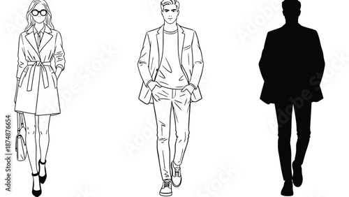 A stylish woman and man in modern outfits walking with a silhouette