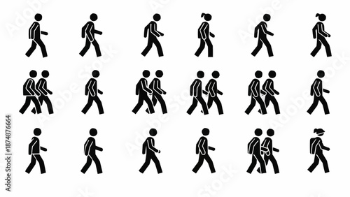 Collection of walking person icons in silhouette form.