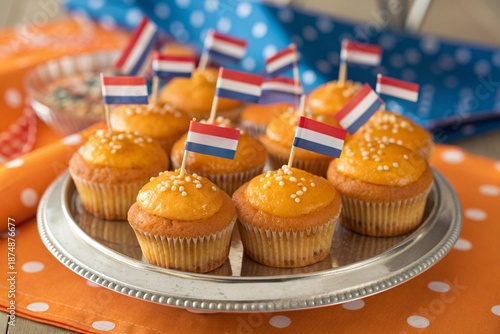 Delicious orange frosted cupcakes adorned with small dutch flags celebrate kings day or a national sporting event with festive cheer