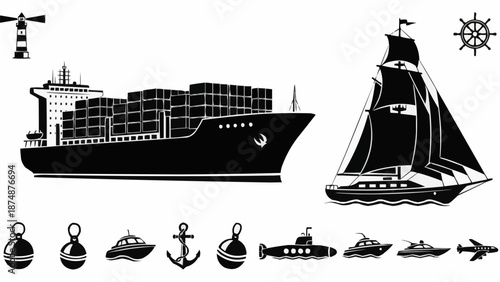 Collection of various maritime and air transportation vehicles.