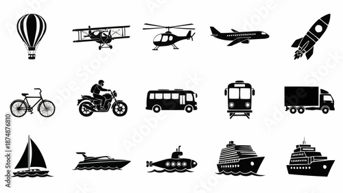 Collection of various transportation vehicle icons in silhouette.