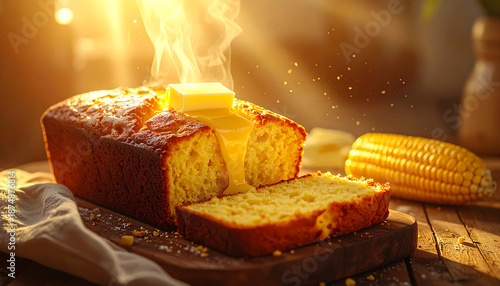 Warm, freshly baked cornbread with melting butter, served on a rustic wooden board with a cob of corn nearby, bathed in soft golden light, creating a cozy and inviting atmosphere