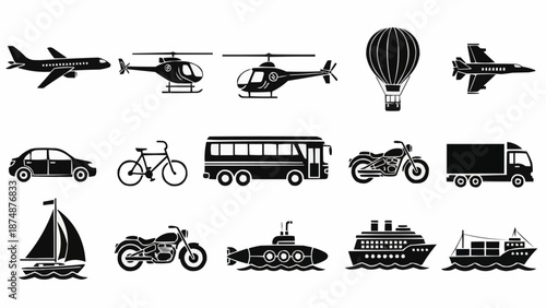 Collection of various transportation vehicles and modes of transport.