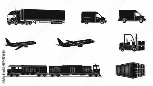 Collection of various transportation vehicles and cargo containers.