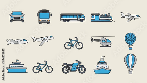 Collection of various transportation vehicles and modes of travel.