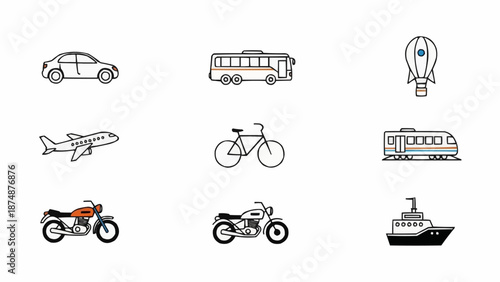 Collection of various transportation vehicles and modes of travel.