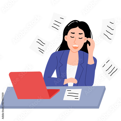 Stressed busy businesswoman Working at Desk with Flying Papers