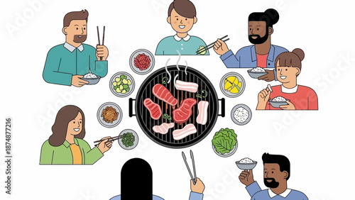 Diverse group of friends enjoying Korean BBQ together