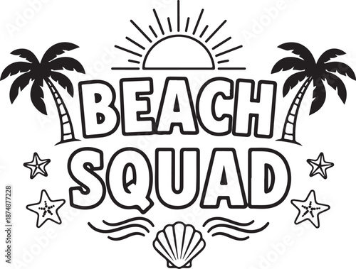 Black Silhouette of Beach Themed Summer Squad with Sun Palms Seashell and Stars
