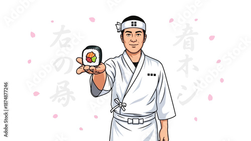 Smiling martial arts instructor offering sushi in hand