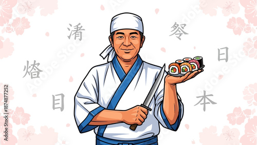 Friendly sushi chef presenting delicious rolls with knife