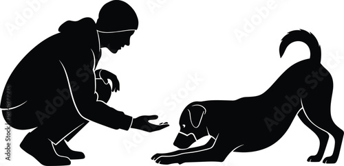 Silhouette of person crouching and reaching toward playful dog, human-animal interaction concept, black and white graphic, transparent background illustration