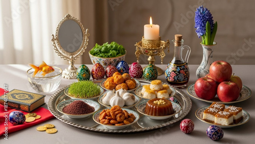 A traditional Persian Nowruz table setting with food, decorations, and symbolic items on a table
