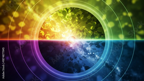 A vibrant and colorful illustration of a circle with a rainbow effect and a bright light shining through it