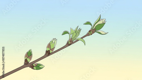 A minimalist vector illustration of a tree branch with new leaves on a gradient background