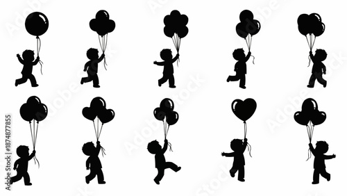 Children Silhouettes Holding Balloons in Various Poses.