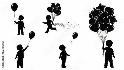 Children Silhouettes Holding Black Balloons.