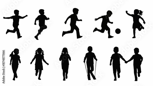 Children Silhouettes Playing and Running Outdoors.