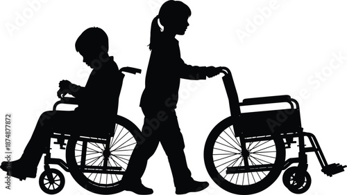Silhouette of two children with wheelchairs, caregiving and mobility concept, black and white graphic, disability inclusion illustration, transparent background design