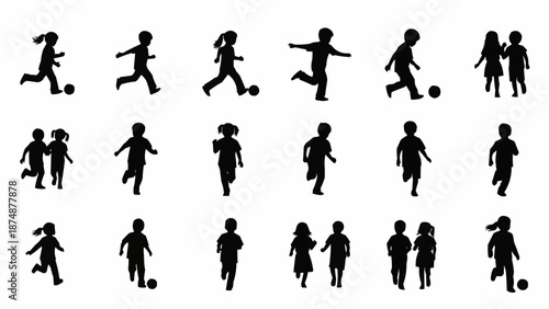 Children Silhouettes Playing Soccer and Running.