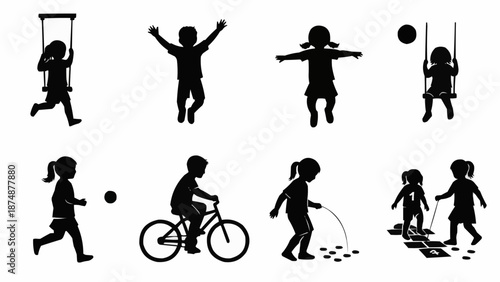 Children Silhouettes Playing Various Outdoor Activities Together.