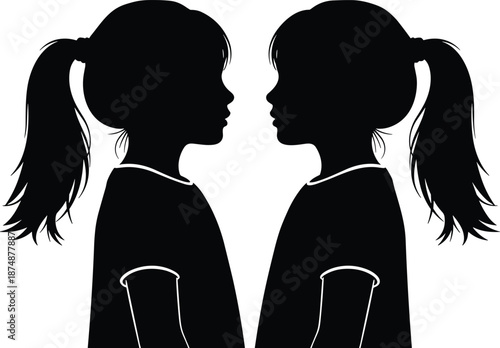 Silhouette of two girls facing each other, ponytail hairstyle, visual symmetry concept, black and white graphic, transparent background, identity and reflection illustration