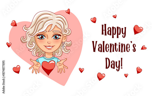Female person is sending heart and her love. Happy Valentine's day. Vector illustration.