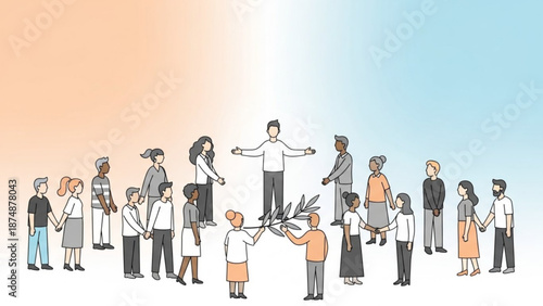 A diverse group of people standing in a circle holding hands with a gradient background
