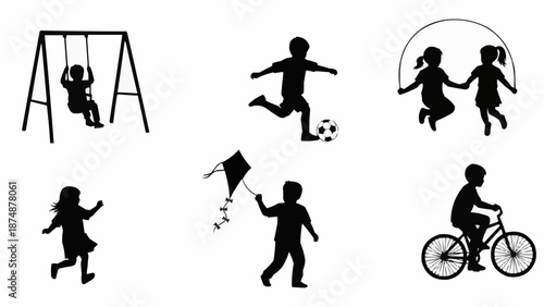 Children playing and enjoying outdoor activities silhouette collection.
