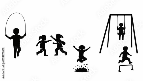 Children playing and jumping rope on a white background.