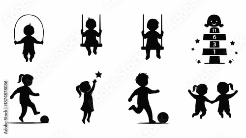 Children playing and jumping rope in silhouette.