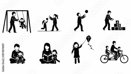 Children Playing and Learning with Parents Icons.