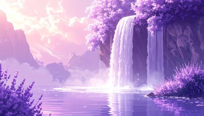 Papier peint photo Pourpre Scenic waterfall flowing, reflecting sunlight in tranquil, purple landscape with surrounding mountains  © Adrian