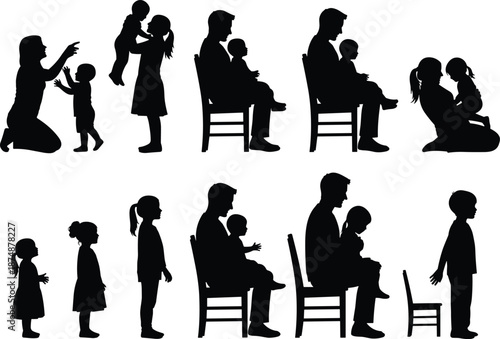 Silhouettes of adult and child interactions, developmental stages sequence, caregiving and growth concept, black and white graphic, transparent background illustration