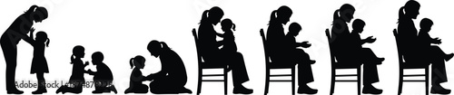Silhouette sequence of parent reading to child, standing to seated progression, nurturing interaction concept, black and white graphic, transparent background illustration